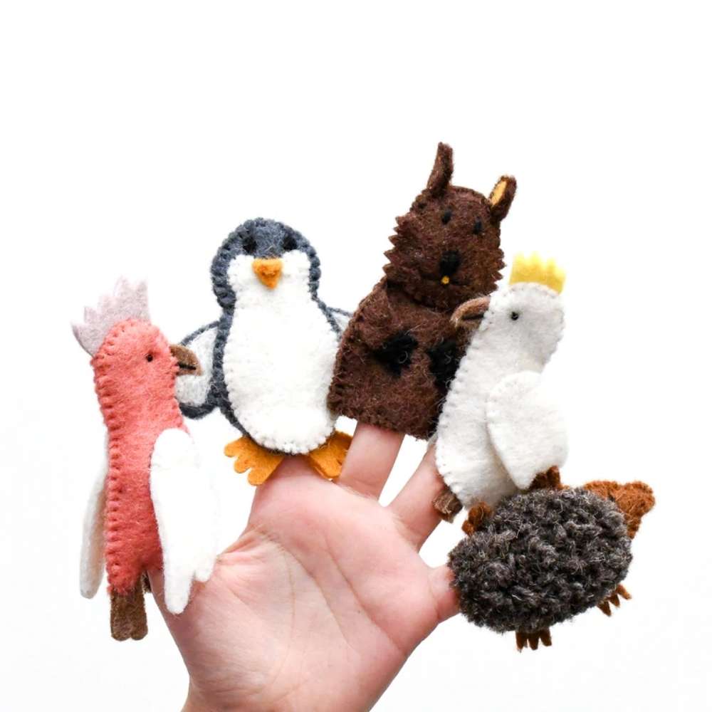 Finger Puppets Set - Echidna, Galah, Wombat, Cockatoo and Fairy Penguin