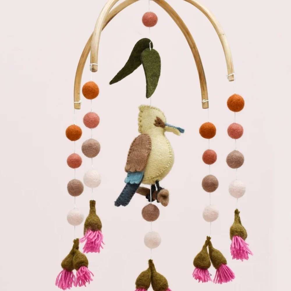 Ethically Hand Felted Baby Cot or Crib Mobile - Kookaburra with Gum Blossoms. Perfect gift for baby shower.