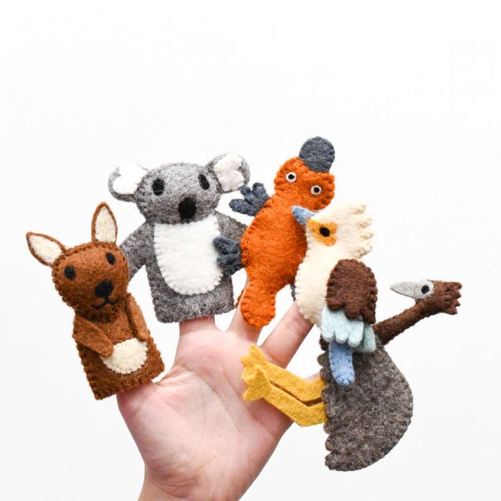 Finger Puppets Set Australian Animals - Kangaroo, Koala, Emu, Kookaburra and Platypus