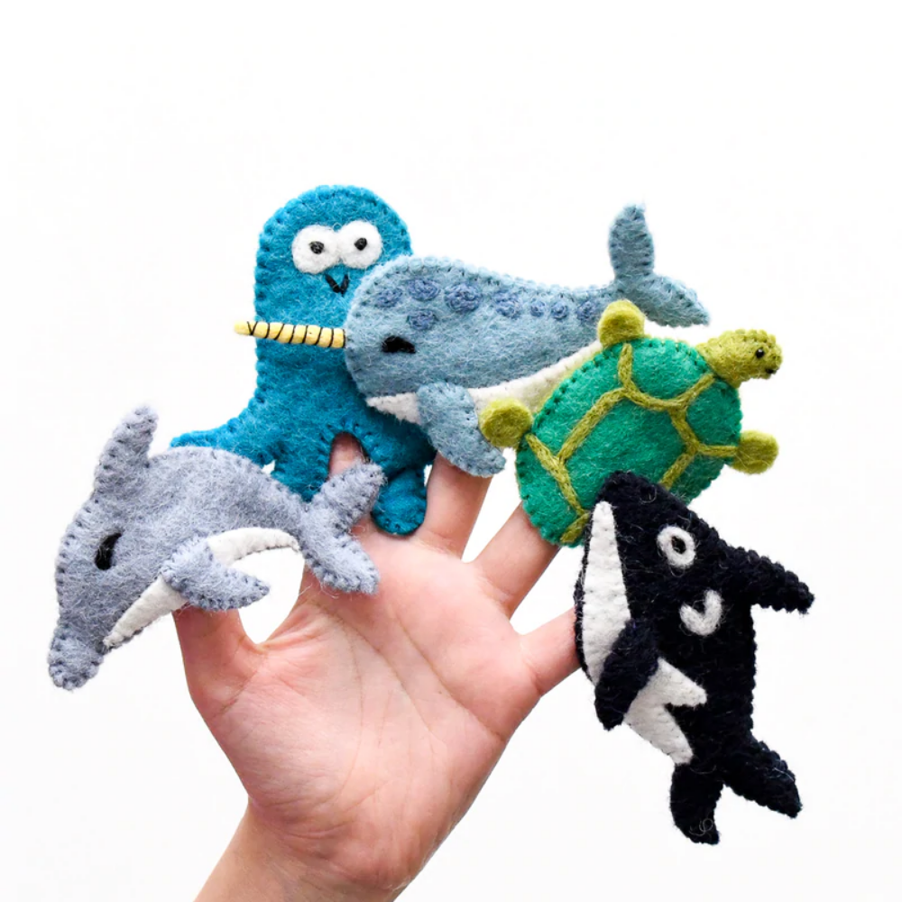 Ocean and Sea Creatures Finger Puppet Set - Narwhal, Orca (Killer Whale), Green Turtle, Octopus and Dolphin