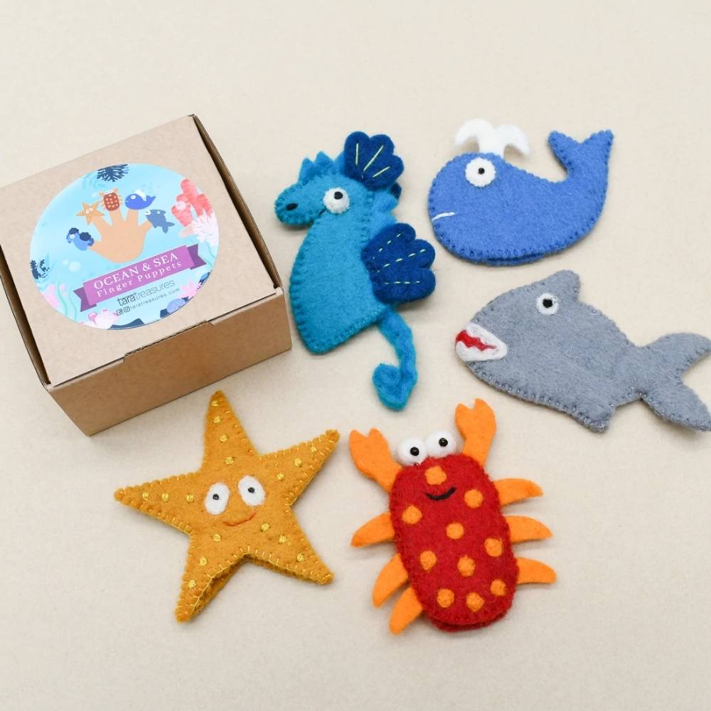 Ocean and Sea Creatures Finger Puppet Set A - Shark, Whale, Seahorse, Lobster and Starfish