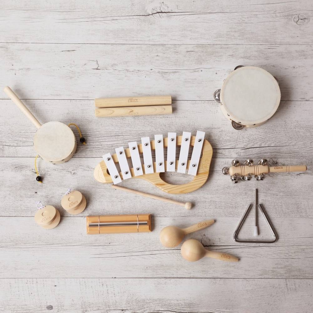 Musical instrument set of metal xylophone, maracas, clapping sticks, triangle, tambourine, chime bar, paddle drum, bell shaker and castanets